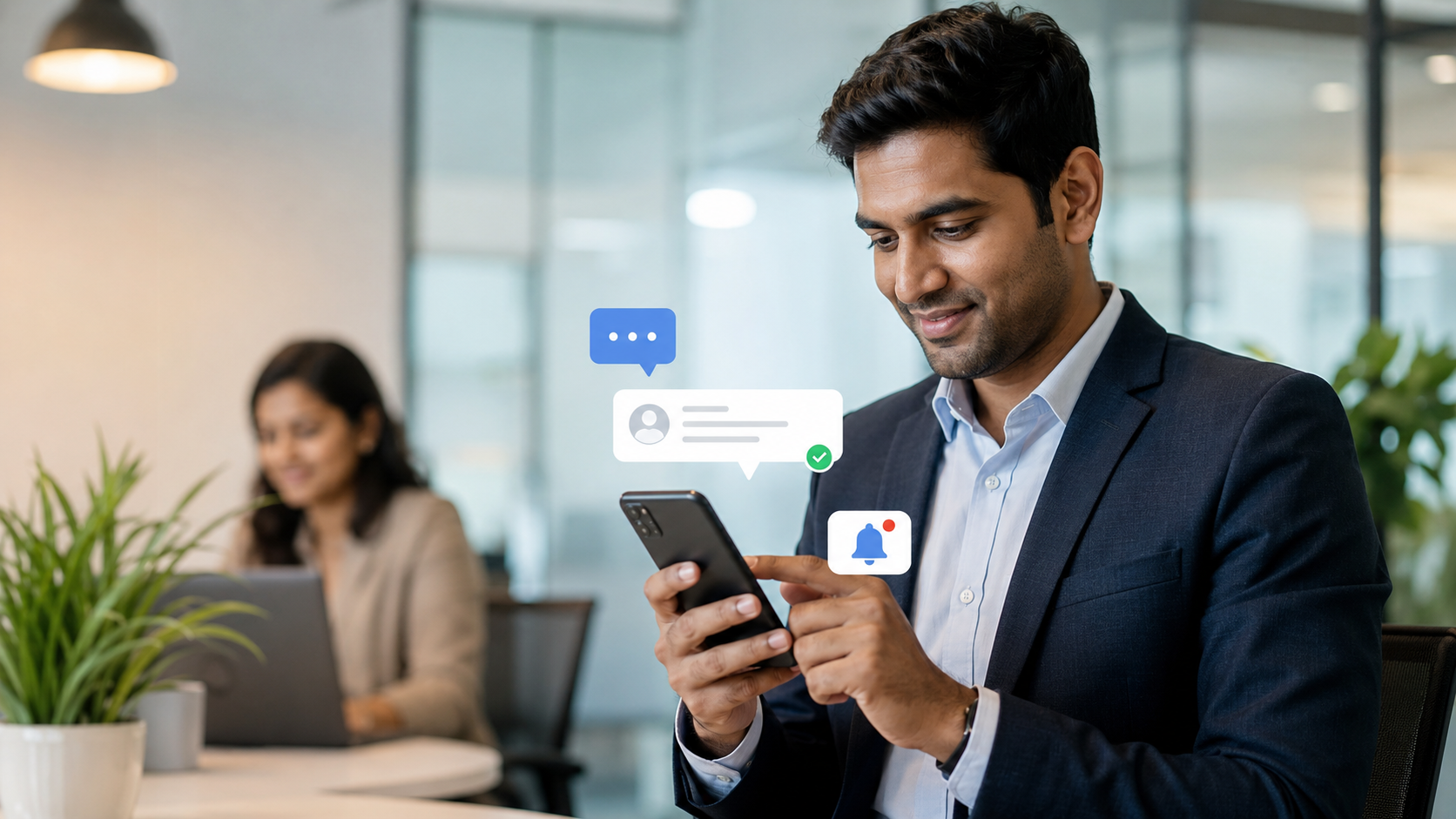 Indian professional using mobile messaging and notification tools